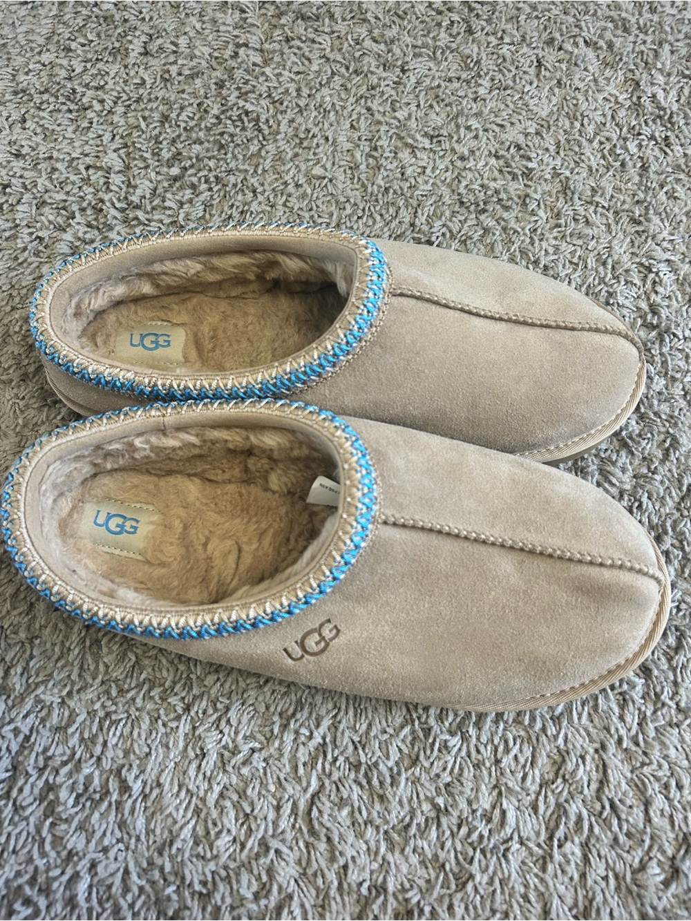 UGG Tan Suede Slip-On Slippers with Blue Accent